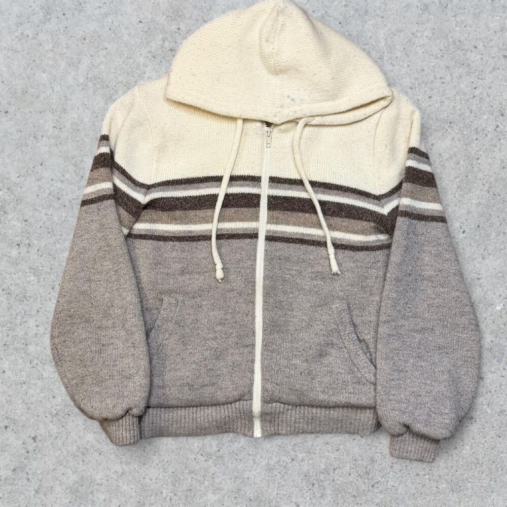 Vintage 80’s Sherpa Lined Striped Hooded Knit Sweater Jacket